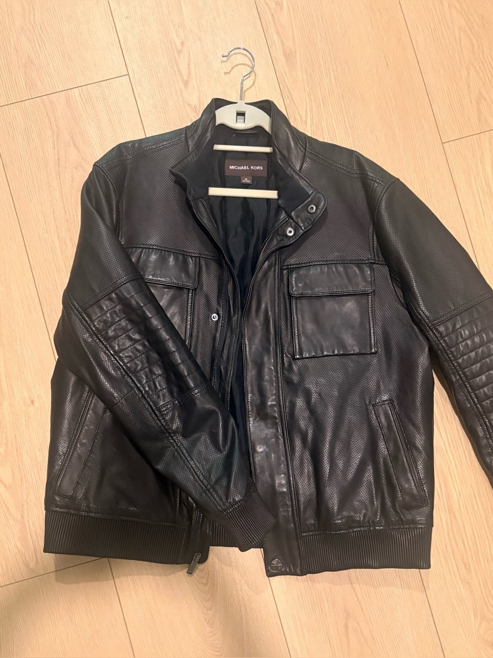 Michael Kors Perforated Moto Jacket with Leather Rib Trim